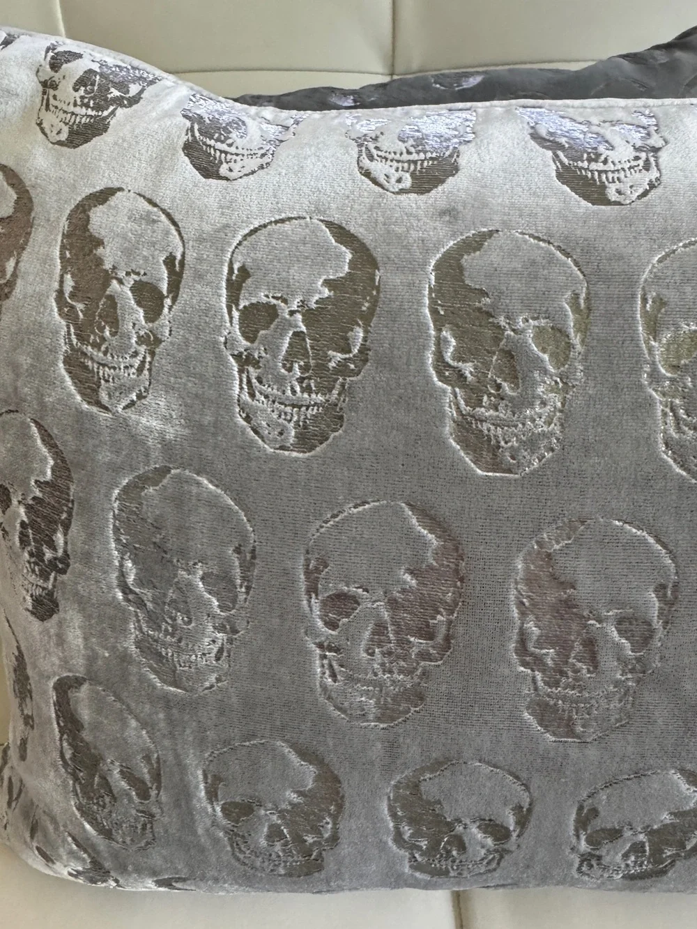 IGE Grey Velvet Metallic Skull Pillow. 11x18. A+ Condition. Down Interior.